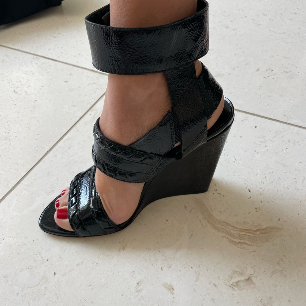 Alexander Wang’s Kasia whipstitch strappy wedge in black patent leather, size 37